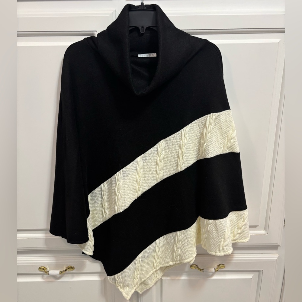 SCAPA Lauren Perre Black Cream Cowl Neck Sweater Poncho Women’s Size M